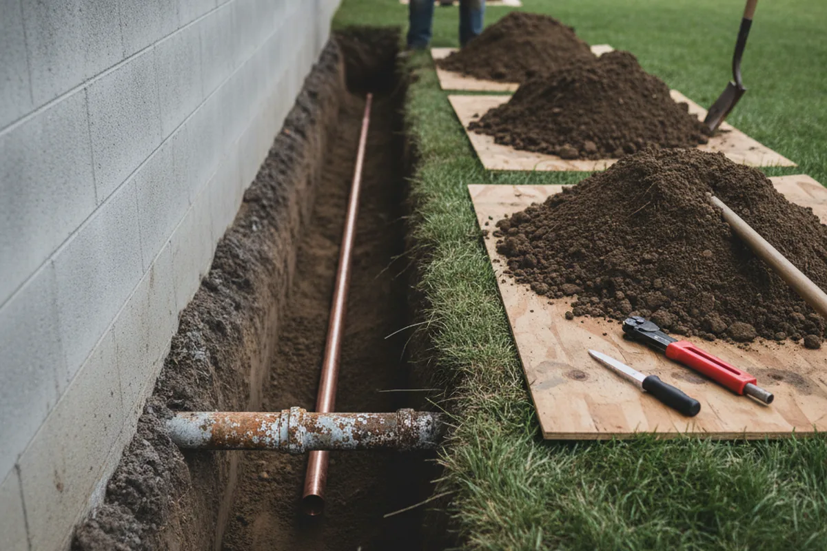 Excavated water line trench during Sewer Line Repair in Temple City